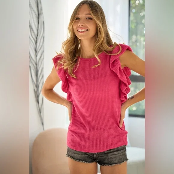 BiBi Pink Ribbed Ruffle Blouse - Picture 4 of 5